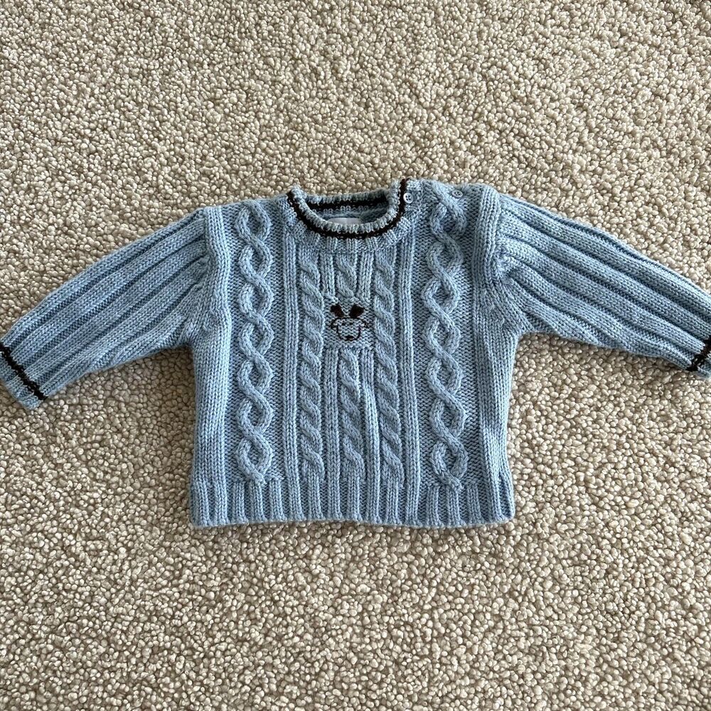 Jacadi Paris Wool Knitted Sweater Light Blue Brown Boys 12 Months
